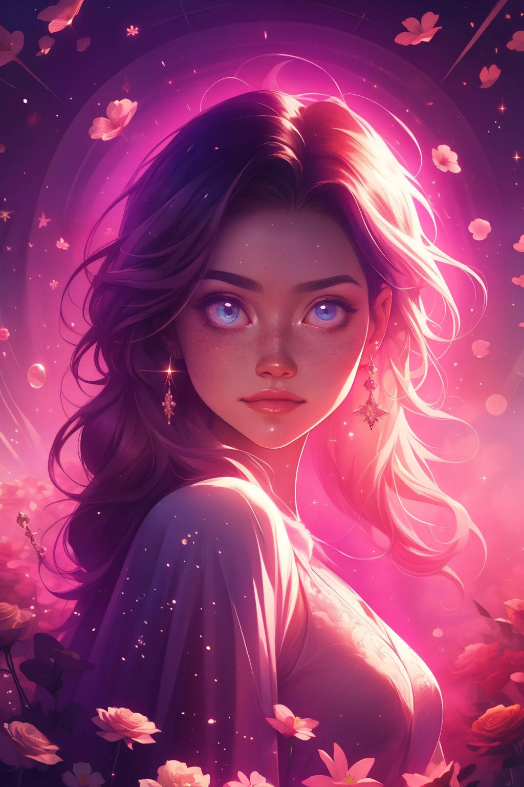(This is a beautiful, intricate, (romatic) fantasy image that emphasizes beauty and grace.) Generate a blind curvy woman with soft natural freckles. Her face is important and should be (perfectly formed) with (beautiful puffy lips) and (perfect features). There is a cute freckle birthmark on her lip. The image exudes ethereal beauty and soft fantasy, with shimmering shades of pink throughout. Surround her with eternal roses in shimmering shades. Ensure perfection in her face, hair, and eyes. Include sweet and detailed birds and soft, luminous flowers and detailed roses. Utilize dynamic composition and dramatic lighting and cinematic lighting to create an interesting fantasy image. The background of the image is interesting and ultra-detailed, with soft fantasy lighting and gradients. Include fantasy details, cute aura, colorful, colourful, and interesting magical background. The image's background is decorated in shades of pink, shimmer, glitter, and fantasy details like colored bubbles and cosmos. Include subtle freckles, natural freckles and a diffused realistic skin tone. Incorporate elements of high fantasy, whimsy, and detailed elegance. English rose, princess, courtesan, noblewoman, sweet, lovely, calm, lovely, shimmering, glimmering, glittering, astrological fantasy, (((masterpiece))), (highest quality), magic rose, fantasy garden, beautiful face, perfect face, puffy lips, interesting, shy smile, fantasy elements, magic rose, beautiful eyes, perfect puffy lips, jewel tones, luminosity. Taken with a canon camera.
