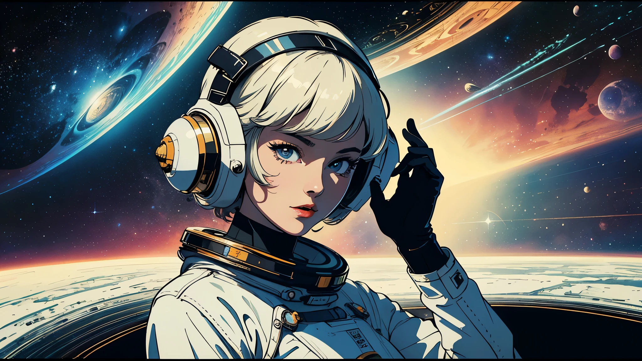 (masterpiece, highest quality), 8k wallpaper, very detailed, poster, vintage science fiction, 1960s,(((space thriller cinematic movie poster))), (bauhaus), shape,abstract, mid century modern, movie poster, vintage, Perfect Lady,anime,1970's,halftone,speech bubble, various angle