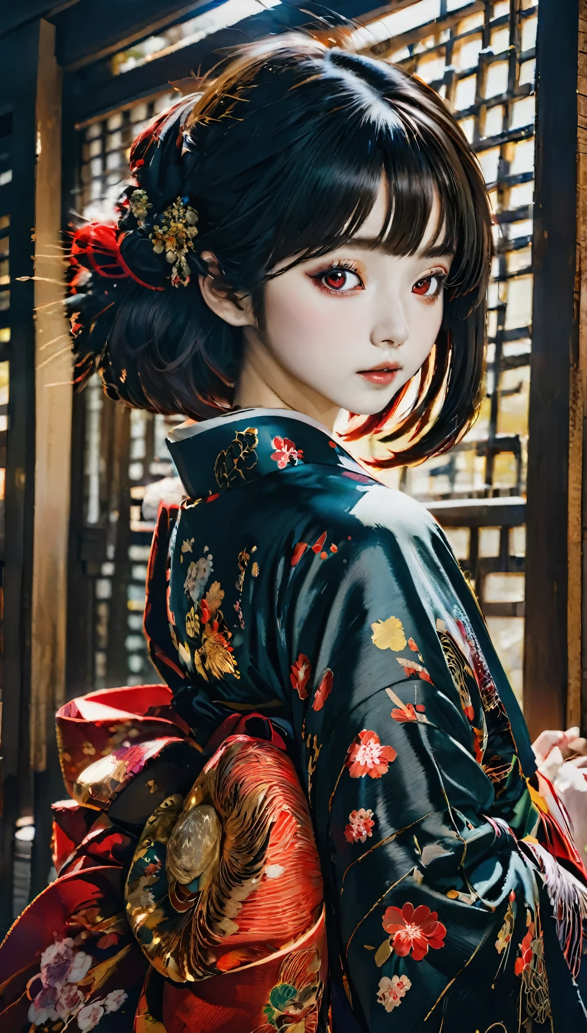 Enma Ai, Let your hair down, Hair is black, bangs, Red eyes, masterpiece, highest quality, Very detailed, shape, One Girl, alone, High resolution, Realistic, 超High resolution, (Original shape composition), (Limited Color Fusion,Maximalism art style, Kimono fashion, Double Exposure, Background Black