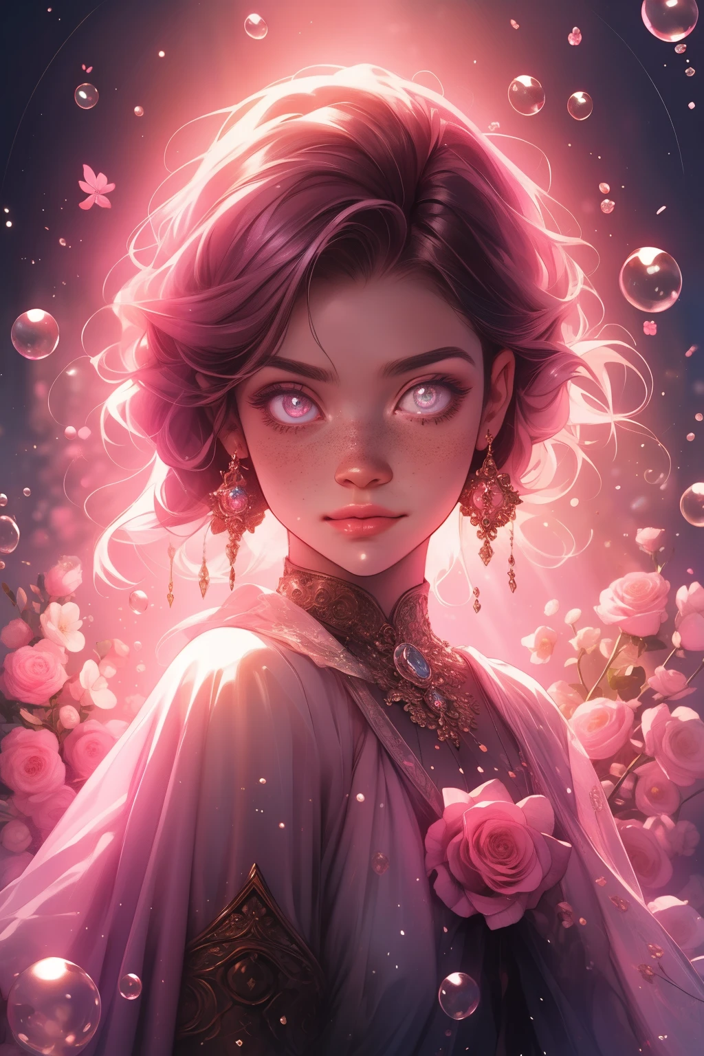 (This is a beautiful, intricate, (romatic) fantasy image that emphasizes beauty and grace.) Generate a blind curvy woman with soft natural freckles. Her face is important and should be (perfectly formed) with (beautiful puffy lips) and (perfect features). There is a cute freckle birthmark on her lip. The image exudes ethereal beauty and soft fantasy, with shimmering shades of pink throughout. Surround her with eternal roses in shimmering shades. Ensure perfection in her face, hair, and eyes. Include sweet and detailed birds and soft, luminous flowers and detailed roses. Utilize dynamic composition and dramatic lighting and cinematic lighting to create an interesting fantasy image. The background of the image is interesting and ultra-detailed, with soft fantasy lighting and gradients. Include fantasy details, cute aura, colorful, colourful, and interesting magical background. The image's background is decorated in shades of pink, shimmer, glitter, and fantasy details like colored bubbles and cosmos. Include subtle freckles, natural freckles and a diffused realistic skin tone. Incorporate elements of high fantasy, whimsy, and detailed elegance. English rose, princess, courtesan, noblewoman, sweet, lovely, calm, lovely, shimmering, glimmering, glittering, astrological fantasy, (((masterpiece))), (highest quality), magic rose, fantasy garden, beautiful face, perfect face, puffy lips, interesting, shy smile, fantasy elements, magic rose, beautiful eyes, perfect puffy lips, jewel tones, luminosity. Taken with a canon camera.