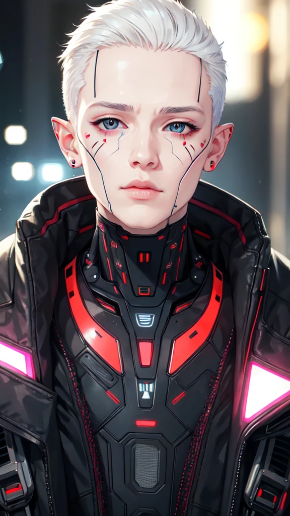 cyber_mark, facial mark, 1boy, cyborg, solo, closed mouth, portrait, nose, (cyberpunk style:1.3), medium intensity lighting, (bokeh:1.3), jealous facial expression, pear face, elf, elf ear, clean-shaven haircut, white hair, round eye shape, aquamarine eyes, crooked nose, charming, (HDR:1.3)