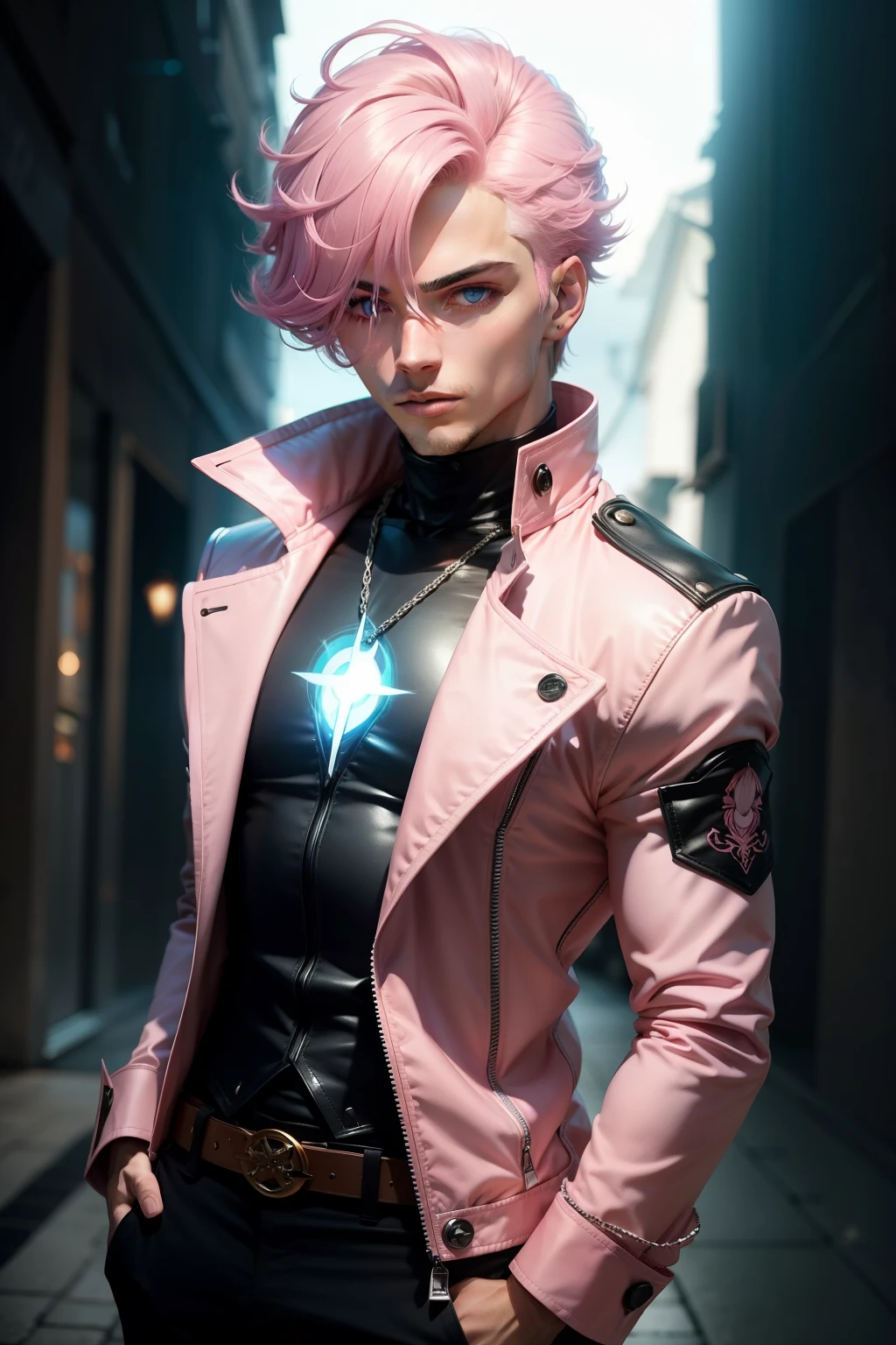 Personagem masculino com cabelo rosa muito curto e levemente espetado, flashes vermelhos de luz dos olhos. Ele tem uma jaqueta azul com detalhes brancos