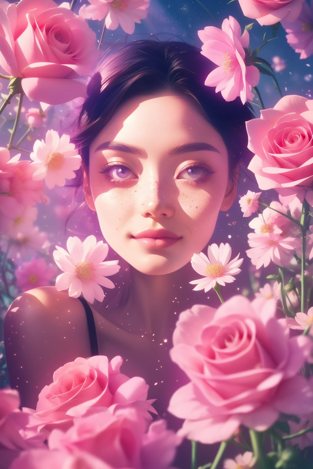 (This is a beautiful, intricate, (romatic) fantasy image that emphasizes beauty and grace.) Generate a blind curvy woman with soft natural freckles. Her face is important and should be (perfectly formed) with (beautiful puffy lips) and (perfect features). There is a cute freckle birthmark on her lip. The image exudes ethereal beauty and soft fantasy, with shimmering shades of pink throughout. Surround her with eternal roses in shimmering shades. Ensure perfection in her face, hair, and eyes. Include sweet and detailed birds and soft, luminous flowers and detailed roses. Utilize dynamic composition and dramatic lighting and cinematic lighting to create an interesting fantasy image. The background of the image is interesting and ultra-detailed, with soft fantasy lighting and gradients. Include fantasy details, cute aura, colorful, colourful, and interesting magical background. The image's background is decorated in shades of pink, shimmer, glitter, and fantasy details like colored bubbles and cosmos. Include subtle freckles, natural freckles and a diffused realistic skin tone. Incorporate elements of high fantasy, whimsy, and detailed elegance. English rose, princess, courtesan, noblewoman, sweet, lovely, calm, lovely, shimmering, glimmering, glittering, astrological fantasy, (((masterpiece))), (highest quality), magic rose, fantasy garden, beautiful face, perfect face, puffy lips, interesting, shy smile, fantasy elements, magic rose, beautiful eyes, perfect puffy lips, jewel tones, luminosity. Taken with a canon camera.