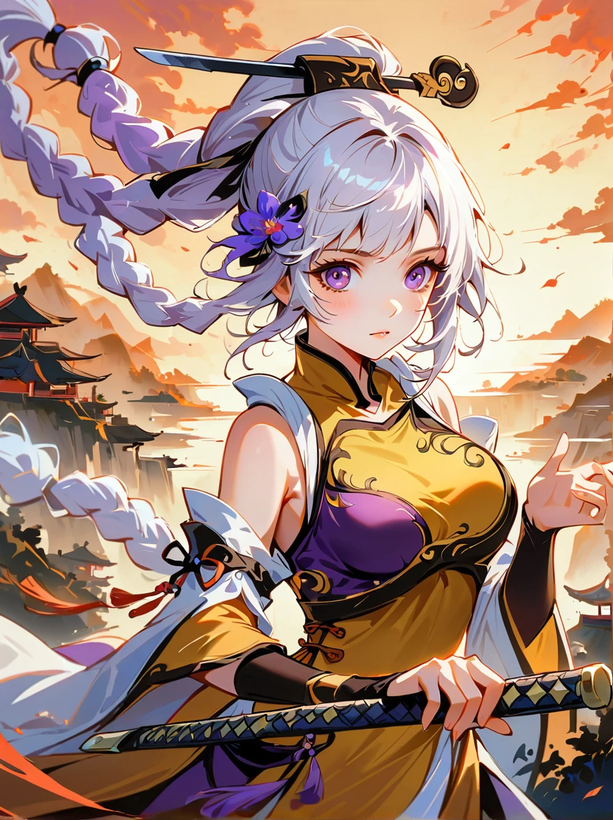 Ink Painting，(1girl，Symmetrical hair accessories，white hair，Purple long braids，Purple Eyes)，Wearing exquisite Chinese Tang Dynasty Mingguang armor，(boy:1.8)，(Short hair wearing armor)，sword，landscape，Ultra HD resolution，Freehand style，majestic，Natural light，Warrior Focus，yinji, 1yj1