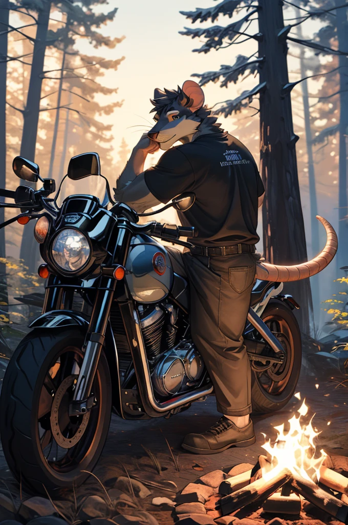 handsome male, rat, tall slinky muscular build, light silver long messy fringe, ((best quality)), ((masterpiece)), (detailed), perfect face, silver fur, gold eyes, detailed eyes , large baggy white t-shirt, mysterious, black shorts, black sports motorcycle, forest, campfire, sat leaning against motorcycle, legs crossed,