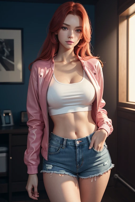 a sensual slender redhead woman with long hair, large breasts, wearing a short white crop top, an open pink jacket, and short blue jean shorts, in a front and side pose, high quality, 4k, photorealistic, detailed face and body, beautiful detailed eyes, beautiful detailed lips, extremely detailed facial features, long eyelashes, hyper detailed skin, professional studio lighting, vibrant colors, cinematic lighting, seamless, elegant, cinematic composition