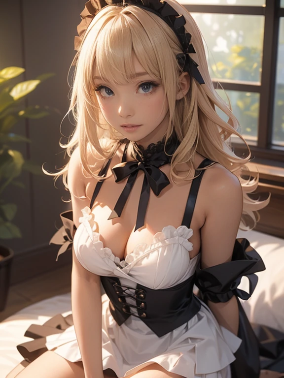 masterpiece、A perfect depiction of beautiful hands and fingers(Increase contrast)、(Increase saturation)、(25 year old dark skinned woman、stare、Dark skin)、(((Black Skin)))Beautiful woman with perfect figure、((Sparkling eyes、tears))Embarrassed face、((((Blonde shoulder-length hair))))(大きく開いた胸を持つ世界で最もかわいいゴシックMaid、Very short mini skirt))Blurred Background、、Medium Long Hair、Beautiful and huge breasts、Beautiful valley、Narrow waist、Big Hips、Depth of written boundary、dress、Eyebrows visible through hair、Frills、、Hair between the eyes、Bedroom in an old western house、、Short sleeve、Look at the viewer、Maid、Maidエプロン、Maidの頭飾り、Puffy sleeves、、squat
