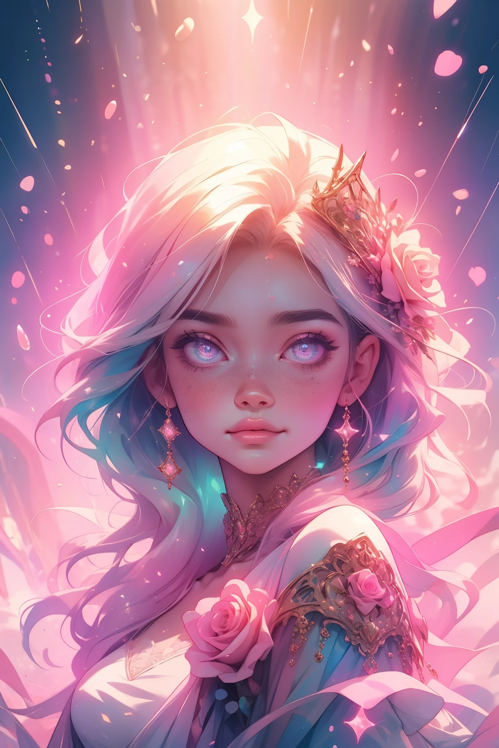 (This is a beautiful, intricate, (romatic) fantasy image that emphasizes beauty and grace.) Generate a blind curvy woman with soft natural freckles. Her face is important and should be (perfectly formed) with (beautiful puffy lips) and (perfect features). There is a cute freckle birthmark on her lip. The image exudes ethereal beauty and soft fantasy, with shimmering shades of pink throughout. Surround her with eternal roses in shimmering shades. Ensure perfection in her face, hair, and eyes. Include sweet and detailed birds and soft, luminous flowers and detailed roses. Utilize dynamic composition and dramatic lighting and cinematic lighting to create an interesting fantasy image. The background of the image is interesting and ultra-detailed, with soft fantasy lighting and gradients. Include fantasy details, cute aura, colorful, colourful, and interesting magical background. The image's background is decorated in shades of pink, shimmer, glitter, and fantasy details like colored bubbles and cosmos. Include subtle freckles, natural freckles and a diffused realistic skin tone. Incorporate elements of high fantasy, whimsy, and detailed elegance. English rose, princess, courtesan, noblewoman, sweet, lovely, calm, lovely, shimmering, glimmering, glittering, astrological fantasy, (((masterpiece))), (highest quality), magic rose, fantasy garden, beautiful face, perfect face, puffy lips, interesting, shy smile, fantasy elements, magic rose, beautiful eyes, perfect puffy lips, jewel tones, luminosity. Taken with a canon camera.