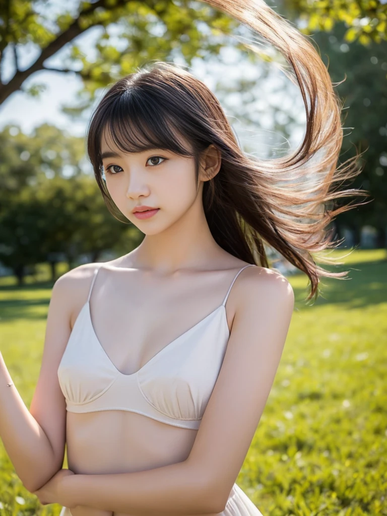 (masterpiece, highest quality:1.4), Award-winning portraits, 8k, 85mm, alone, Beautiful Face, Delicate girl, (On the grass), Sophisticated, cute, , RAW Photos, Confused, High resolution, Sharp focus, Background blur、(((Flat 、thin and delicate body、Childish atmosphere)))、shiny semi-long hair、ponytail、Mole on the left cheek、 Dark brown eyes、Hair swaying in the wind、sexy、Flexible legs、naked