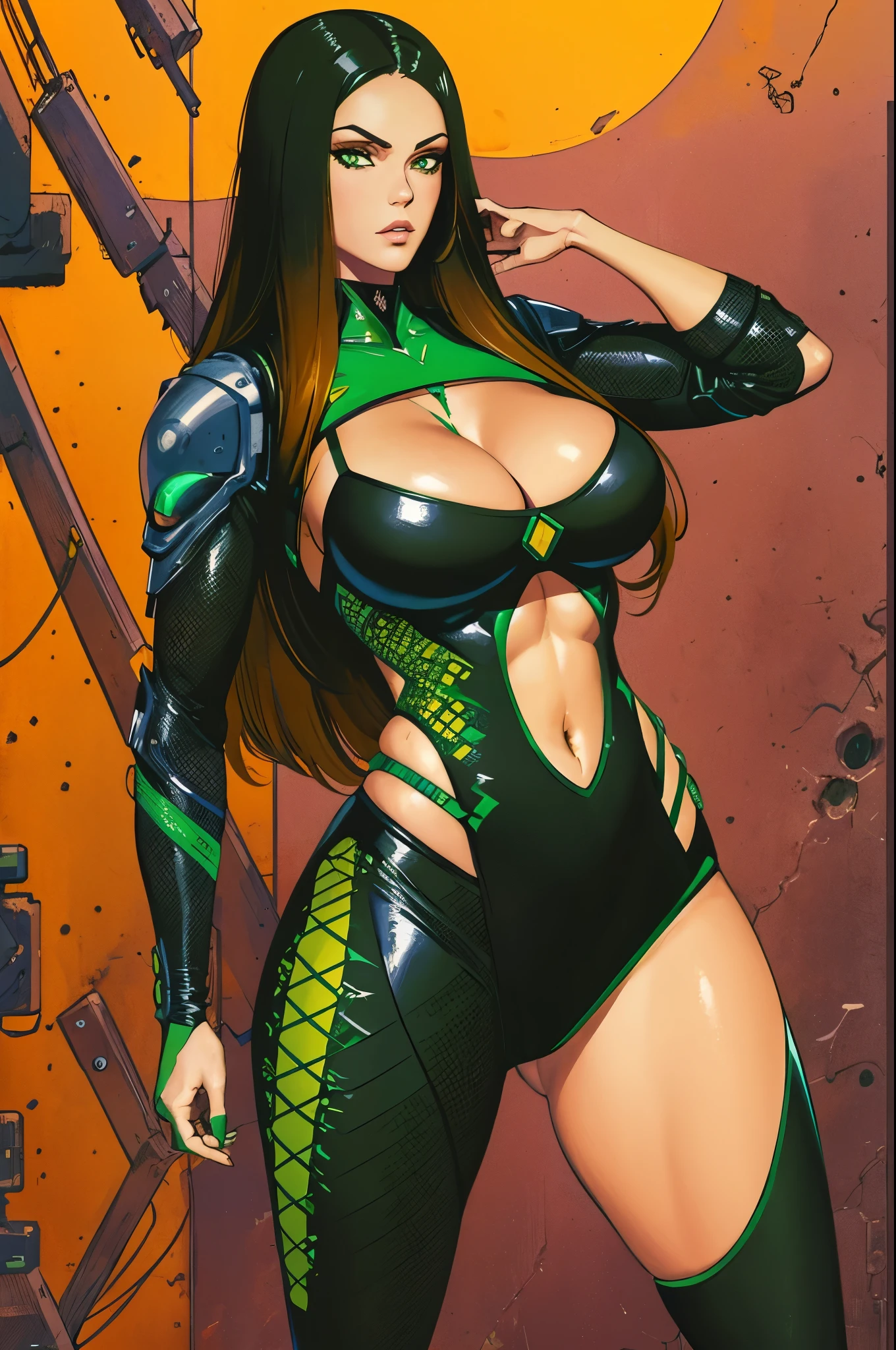 Alison Tyler como uma garota guerreira monge, olhos verdes, cabelos longos preto, shoelaces, roupas brancas e laranja cyberpunk de techwear, vintage science fiction abstract background, arte de Moebius, arte de Ashley Wood
