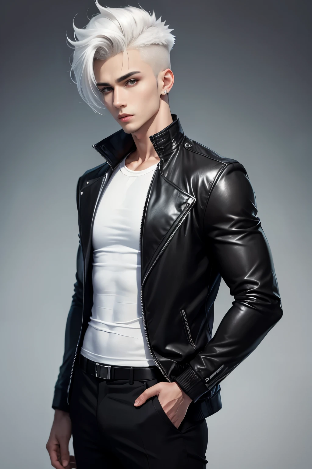 25 year handsome boy with black jacket,white t-shirt, brwon hair ,slim cut body ,6 feet height