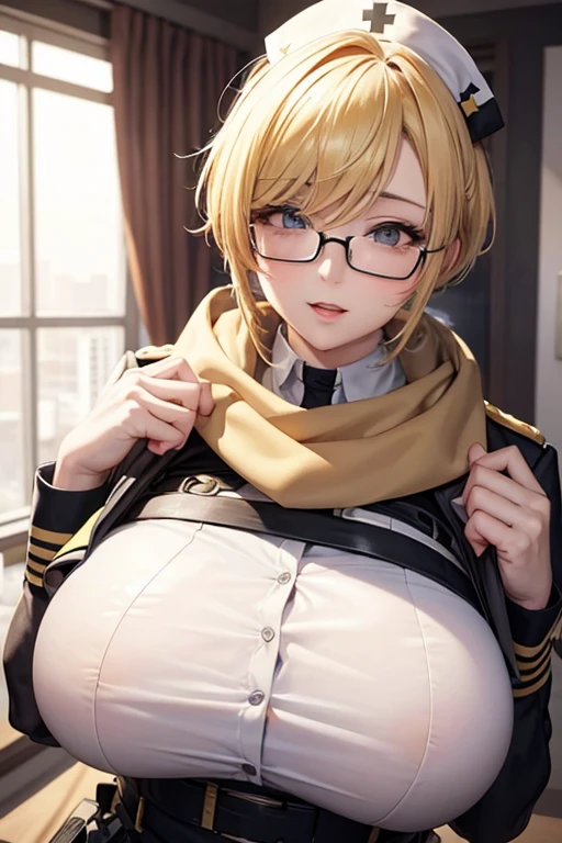 Mommy short yellow hair huge with very big and huge breasts with  uniform tactical nurse scarf glasses very beautiful and very detailed