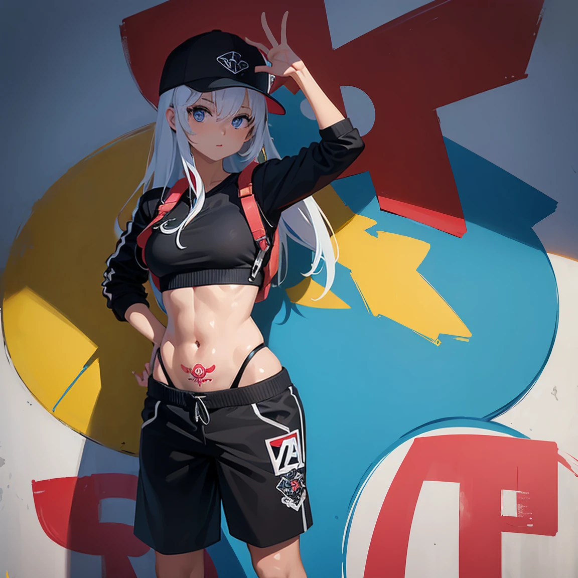 estilo anime, mujer grafitera, grafiti en la pared, desnuda contra la pared, gorra de lado, colores vivos, buena figura, buenas curvas, tatuajes maxima calidad, ultra detallado, ultra detailed 8k image, sharp image, cuerpo entero