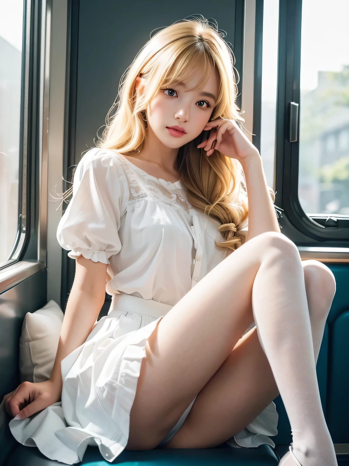 8K、Photo image masterpiece、highest quality、Super-resolution、Low angle view from the feet、A woman being ed、Voyeuriful woman with golden, messy curly hair、((Blonde beauty))、With bangs、Impossibly cute face、And slim、Small breasts、Hightion、masterpiece、Exquisite Function 、Delicate eyes、Delicate blonde hair、8K quality、Pale light and shadow、Dindal effect、Messy, tousled blonde hair、With bangs、Random Hairstyles、((A photo from the delicate feet)、(Detailed RAW Photos of Girls)、(Tabletop:1.25)、 (Highest quality:1.6)、(超High resolution:1.5)、(Real:1.75)、8K resolution、 (RAW Photos:1.2)、(Realistic:1.4)、Beautiful detailed woman、Very narrow waist、Very detailed eyes and face、Beautiful fine details、(She is looking at the window)、Ridiculous、Large file size、Very detailed、High resolution、highest quality、masterpiece、((A light white summer blouse and a white skirt))、Very detailed、CG、Unified、8k wallpaper、wonderful、The finer detailasterpiece、highest quality、 Light on the face、sunglasses、Cinema Lighting、One 23 year old woman、((Inside a crowded train、A woman sitting in the seat directly in front of me with her legs together、The legs are completely closed、Anxious expression))、((Men on both sides、The pervert on the righes her thighs.、The perverted man on the left hing her breasts.))、Wearing high heels、Whikings、garter belt、Lighting from below、The inside of the skirt is also clearly visible.、Liked images、Voyeur: T-back panties of random colors apes peeking ouunder a skirt、