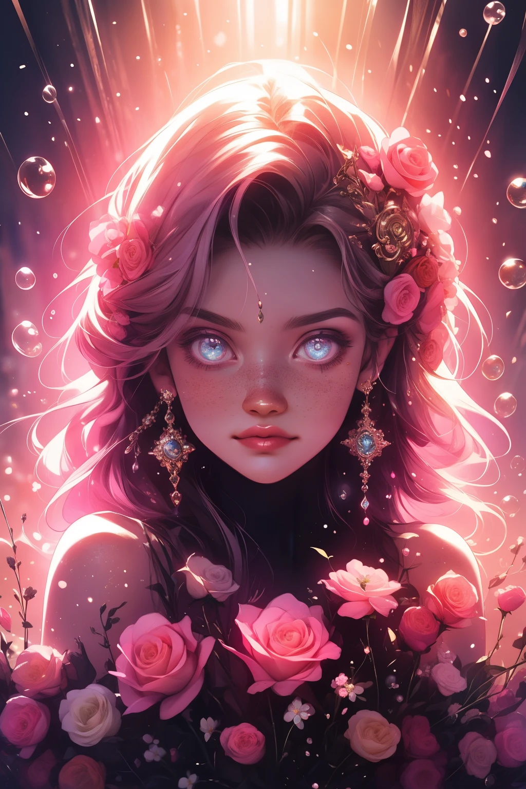 (This is a beautiful, intricate, (romatic) fantasy image that emphasizes beauty and grace.) Generate a blind curvy woman with soft natural freckles. Her face is important and should be (perfectly formed) with (beautiful puffy lips) and (perfect features). There is a cute freckle birthmark on her lip. The image exudes ethereal beauty and soft fantasy, with shimmering shades of pink throughout. Surround her with eternal roses in shimmering shades. Ensure perfection in her face, hair, and eyes. Include sweet and detailed birds and soft, luminous flowers and detailed roses. Utilize dynamic composition and dramatic lighting and cinematic lighting to create an interesting fantasy image. The background of the image is interesting and ultra-detailed, with soft fantasy lighting and gradients. Include fantasy details, cute aura, colorful, colourful, and interesting magical background. The image's background is decorated in shades of pink, shimmer, glitter, and fantasy details like colored bubbles and cosmos. Include subtle freckles, natural freckles and a diffused realistic skin tone. Incorporate elements of high fantasy, whimsy, and detailed elegance. English rose, princess, courtesan, noblewoman, sweet, lovely, calm, lovely, shimmering, glimmering, glittering, astrological fantasy, (((masterpiece))), (highest quality), magic rose, fantasy garden, beautiful face, perfect face, puffy lips, interesting, shy smile, fantasy elements, magic rose, beautiful eyes, perfect puffy lips, jewel tones, luminosity. Taken with a canon camera.