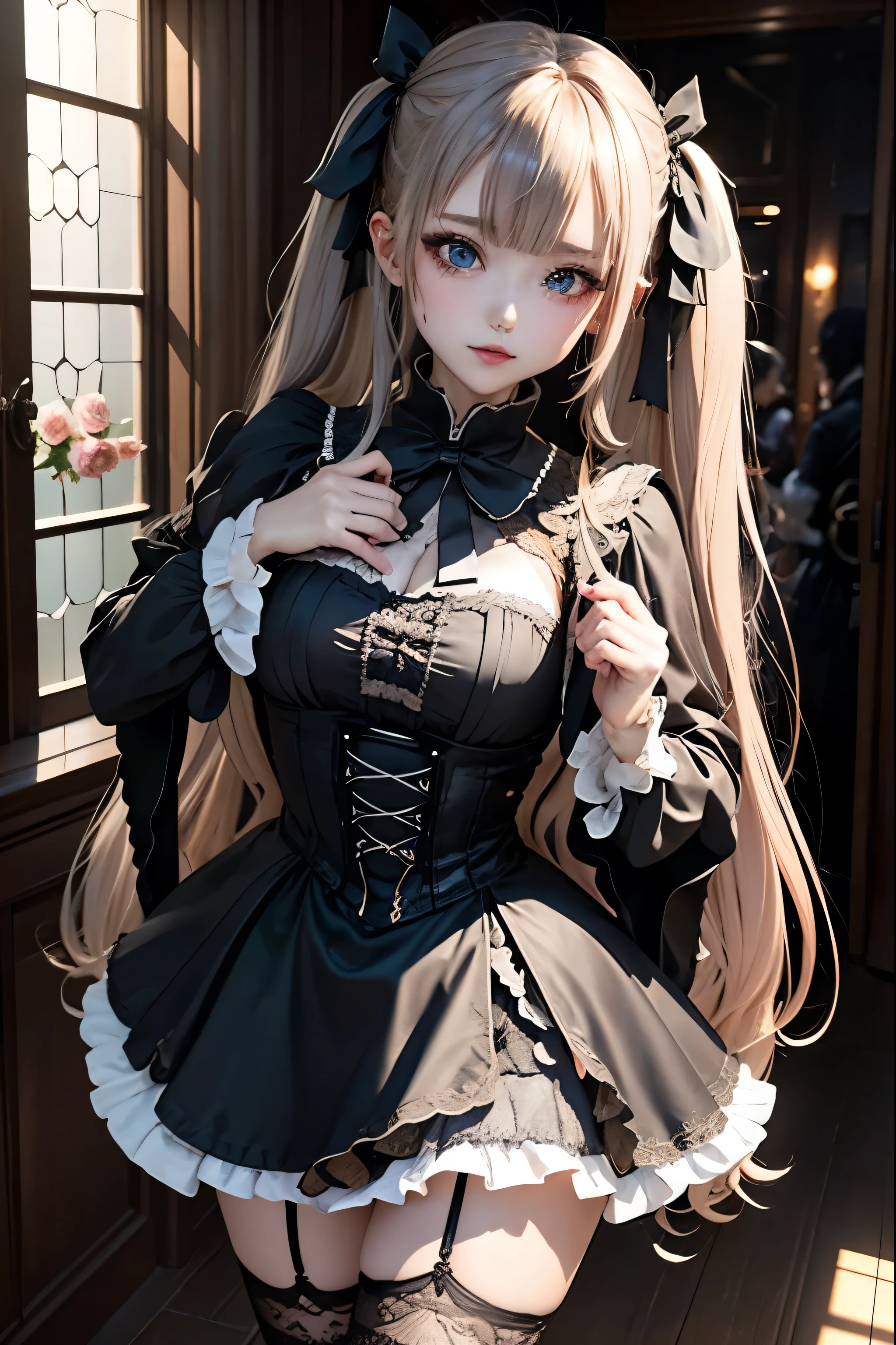 Hard Dark Gothic Makeup、Deep Night Sky、Horror、Black dark eyeshadow、cry、sad、Good skin radiance、Dark Gothicメイク、Dark smile、palace、The beauty of fragrance、24-years-old、Expressions of intense sexual pleasure、Embarrassed look、Dark Gothic、Obscene language、highest quality、Drunk face、紫のMaid clotheysterious、Noble、sexy、Loving smile、Twin tail hair、Right blue eye, Left eye is red、Platform Heel Shoes、Heavy makeup、Gothic Lolita Clothing、A little slimmer、Silver Hair、Long Hair Straight Hair、Cute Gothic Lolita Dress、Beautiful Face、elegant features、Fascinating face、Stained glass is the background、Chest glistening with sweat、The room is dark、gothic long dress、Bell Sleeves、Wizard Sleeve、Decadent look、Sexually excited expression、Glossy thighs wet with water、Thighs that are wet and shiny with oil、Background of a room full of roses、sad expression、The embroidery is pink、The dress has pink embroidery、Thigh-high socks、Knee-high socks、Gentle expression、Dark black eyeshadow、Stained glass and rose background、Female Duo、Female couple、dark church background、Stained glass、Black metal world、Dark Castle、Dark Room、Slender body、upright、walk、Are standing、gothic long dresaid clothes、Victorian dresses、Her thighs glisten with sweat、My body is wet and shiny、Lots of glitter on the thighs、sweating、My thighs are sticky from sweating、Sweat glistens on the thighs, The whole body is sweaty and shiny、Quite sweaty、My thighs are sweaty、My thighs are so wet、My thighs are shining with sweat、A lot of sweat glistens all over the body、The thighs are the best、Thighs are glamorous、Small breasts、Playing guitar、Singing while playing the guitar、les paul guitar、Holding a guitar、Playing in a band、Playing guitar chords、Practicing guitar、Mike stand、Embodying the guitar、Decorate your guitar、