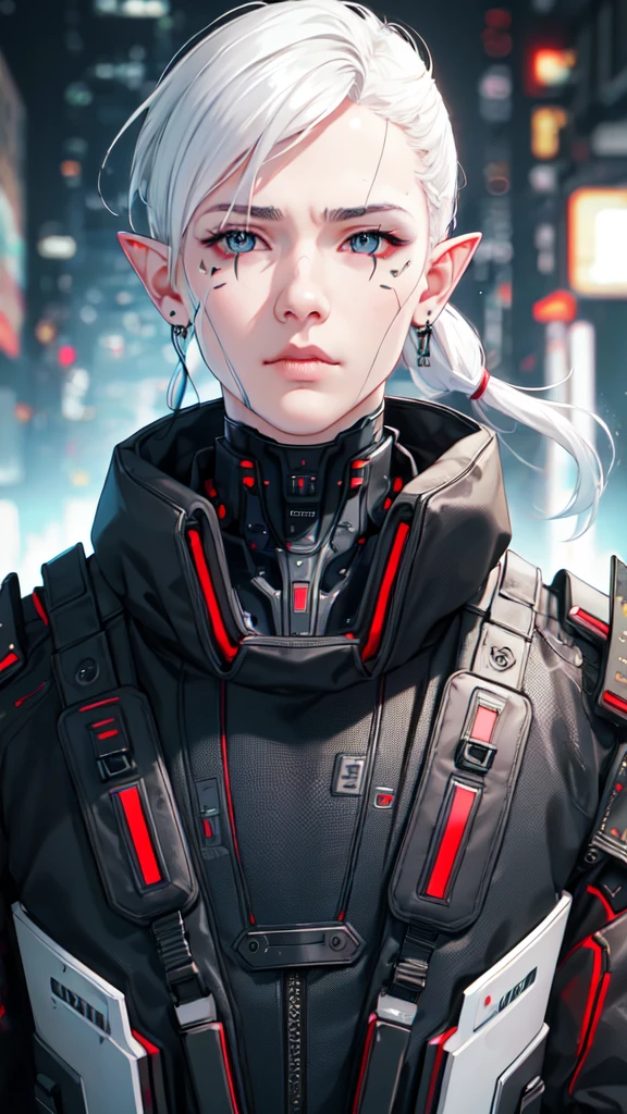 cyber_mark, facial mark, 1boy, cyborg, solo, closed mouth, portrait, nose, (cyberpunk style:1.3), medium intensity lighting, (bokeh:1.3), jealous facial expression, pear face, elf, elf ear, clean-shaven haircut, white hair, round eye shape, aquamarine eyes, crooked nose, charming, (HDR:1.3), full body