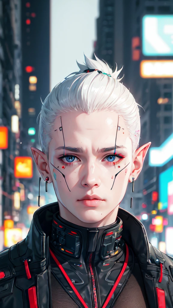 cyber_mark, facial mark, 1boy, cyborg, solo, closed mouth, portrait, nose, (cyberpunk style:1.3), medium intensity lighting, (bokeh:1.3), jealous facial expression, pear face, elf, elf ear, clean-shaven haircut, white hair, round eye shape, aquamarine eyes, crooked nose, charming, (HDR:1.3), full body
