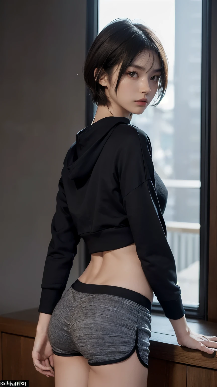 (Clothing:2.0, Sweatshirts:1.8, boxer shorts:1.8), ((Short Hair:1.2, slender:1.5, Small Ass:1.5)), ((Japanese, 1 Girl, 18-year-old, 7 heads, Ideal body proportions, Black Hair, With bangs, Small breasts, Erect nipples, slender, Small Ass, Beautiful feet, Skinny Legs)), Surrealism, Cinematic Lighting, Depth of written boundary, First Person View, F/1.8, 135mm, Ticker, Mastepiece, Curate, ((Anatomically correct:1.3)), Textured skin, Super Detail, High detail, High quality, Awards, Best Quality, High resolution, 8K