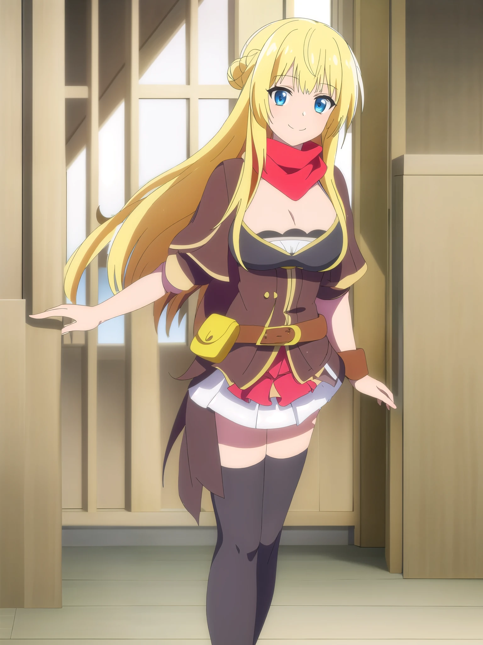 (((Best quality))),((Ultra-detailed)),((illustration)),((Disheveled hair)),((frilld)),(1 girl),
1girl,black legwear,blonde hair,braid,breasts,cape,cleavage,blue eyes,hair bun,indoors,long hair,medium breasts,red scarf,scarf,skirt,sliding doors,smile,solo,standing,tatami,thighhighs,white skirt,window,wristband,