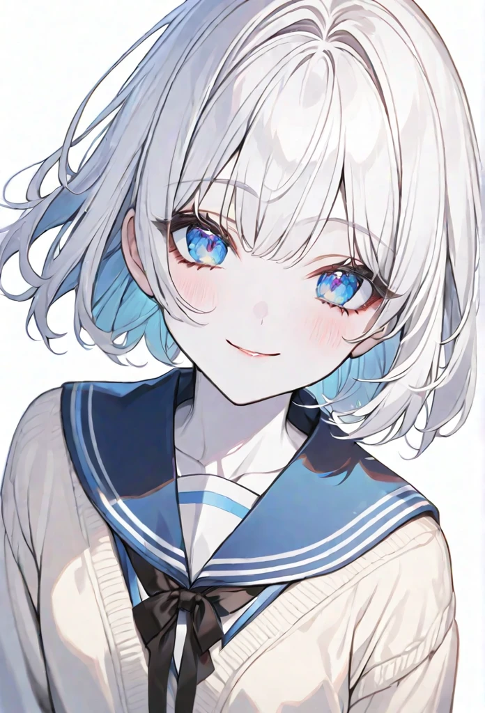 solo, handsome, 1. Female, Straight short hair,Silver Hair, Blue eyes＆Soft look ,Lolita,Sailor suit,cardigan,sweater,White skin,Sexy,smile,White background