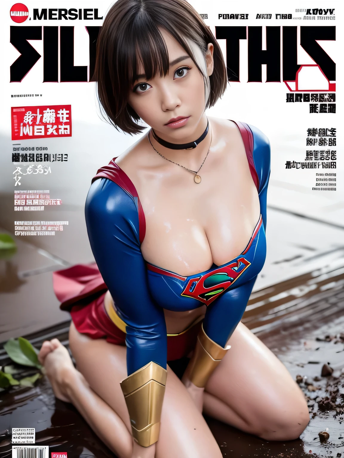 masterpiece、Supergirl Costume、short hair、barefoot、Big and ample breasts、Crisis situation、Complete surrender、Mud stains、Bottomless swamp、Abused、Kneel、Sweaty、Shiny、looking at the camera、Mud splatter、choker、Long sleeve、Sexy poses to seduce、Poor environment、Humiliating、Off the shoulder、latex、Weekly magazine cover style、