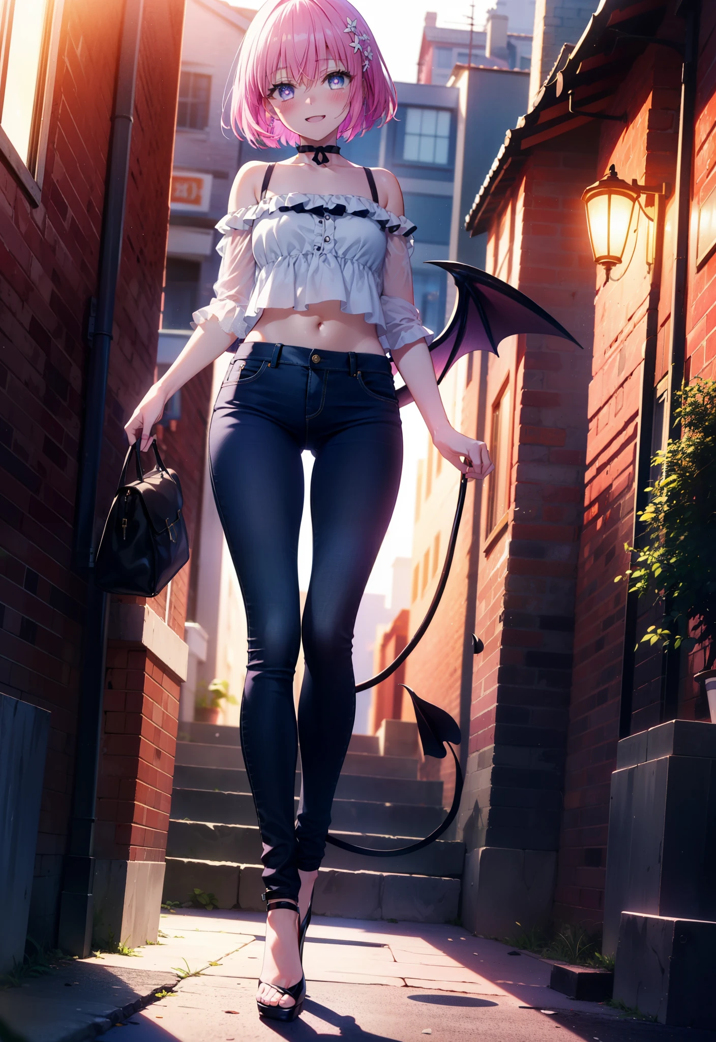 Momodebilke, A type of Deviluke, demon tail, Hair Flowers, hair ornaments, (Purple eyes:1.1), Pink Hair, short hair, tail, blush,happy smile, smile, Open your mouth,
break demon tail, Cordo shoulder top,Skinny jeans,Stiletto heels,morning,morning陽,The sun is rising,Walking,whole bodyがイラストに入るように, break outdoors, 公園 break looking at viewer, whole body, break (masterpiece:1.2), highest quality, High resolution, unity 8k wallpaper, (figure:0.8), (beautiful detailed eyes:1.6), extremely detailed face, Perfect lighting, extremely detailed CG, (Perfect hands, Perfect Anatomy),