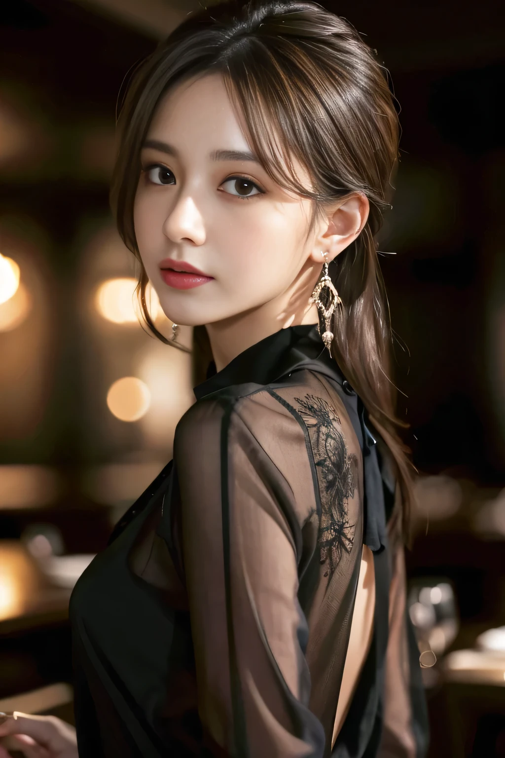 masterpiece, highest quality, Realistic, Very detailed, Finer details, High resolution, 8k wallpaper, One beautiful woman, Wear a black see-through shirt, In a great restaurant, At night, Light brown messy hair, Perfect dynamic composition, Beautiful and beautiful eyes、Big earrings