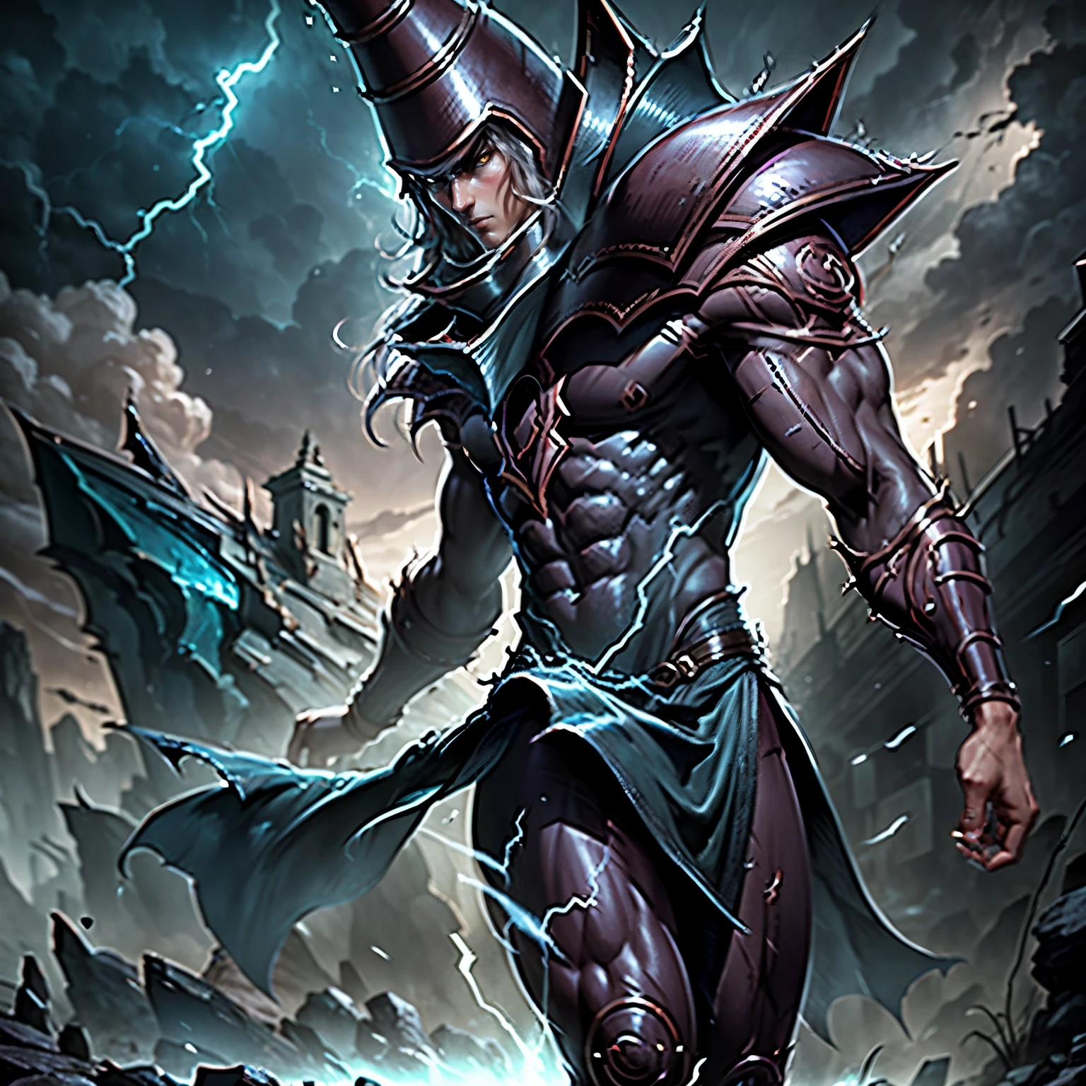 a powerful male character, detailed face, detailed body, muscular, lightning bolts, ancient stone wall, dramatic lighting, cinematic, epic fantasy, dark moody atmosphere, muted color palette, (best quality,4k,8k,highres,masterpiece:1.2