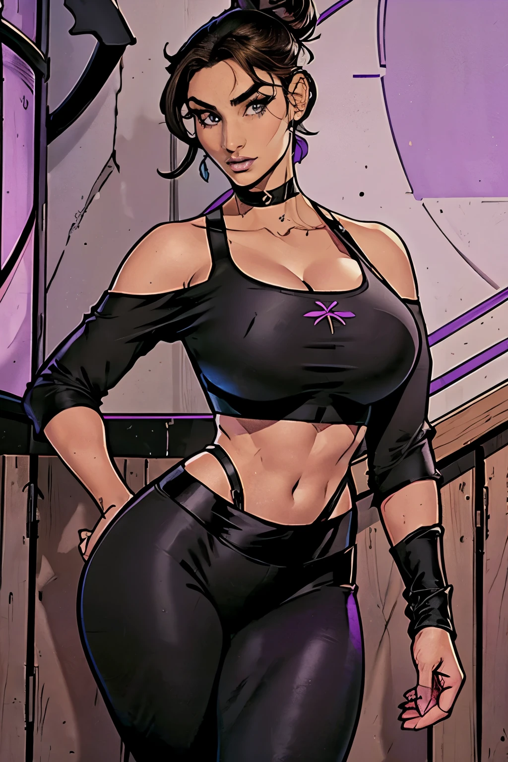 Gorgeous and sultry busty athletic (happy) brunette with sharp facial features, athletic bun, large breasts and a (large nose) wearing a cropped black off-shoulder sports top, black leggings. (bra straps). purple trim. Black fabric. Smoothie.