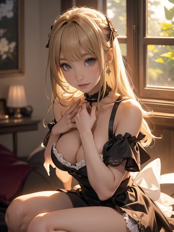 masterpiece、A perfect depiction of beautiful hands and fingers(Increase contrast)、(Increase saturation)、(25歳のDark Skinの女性、stare、Dark Skin)、(((Dark Skin)))Beautiful woman with perfect figure、((Sparkling eyes、tears))Embarrassed face、((((Blonde shoulder-length hair))))(大きく開いた胸を持つ世界で最もかわいいゴシックMaid、Very short mini skirt))Blurred Background、、Dark Skin色、Beautiful and huge breasts、Beautiful valley、Narrow waist、Depth of written boundary、dress、Frills、Living room of an old Western house、Short sleeve、Look at the viewer、Maid、Maidエプロン、Maidの頭飾り、Puffy sleeves、、squat