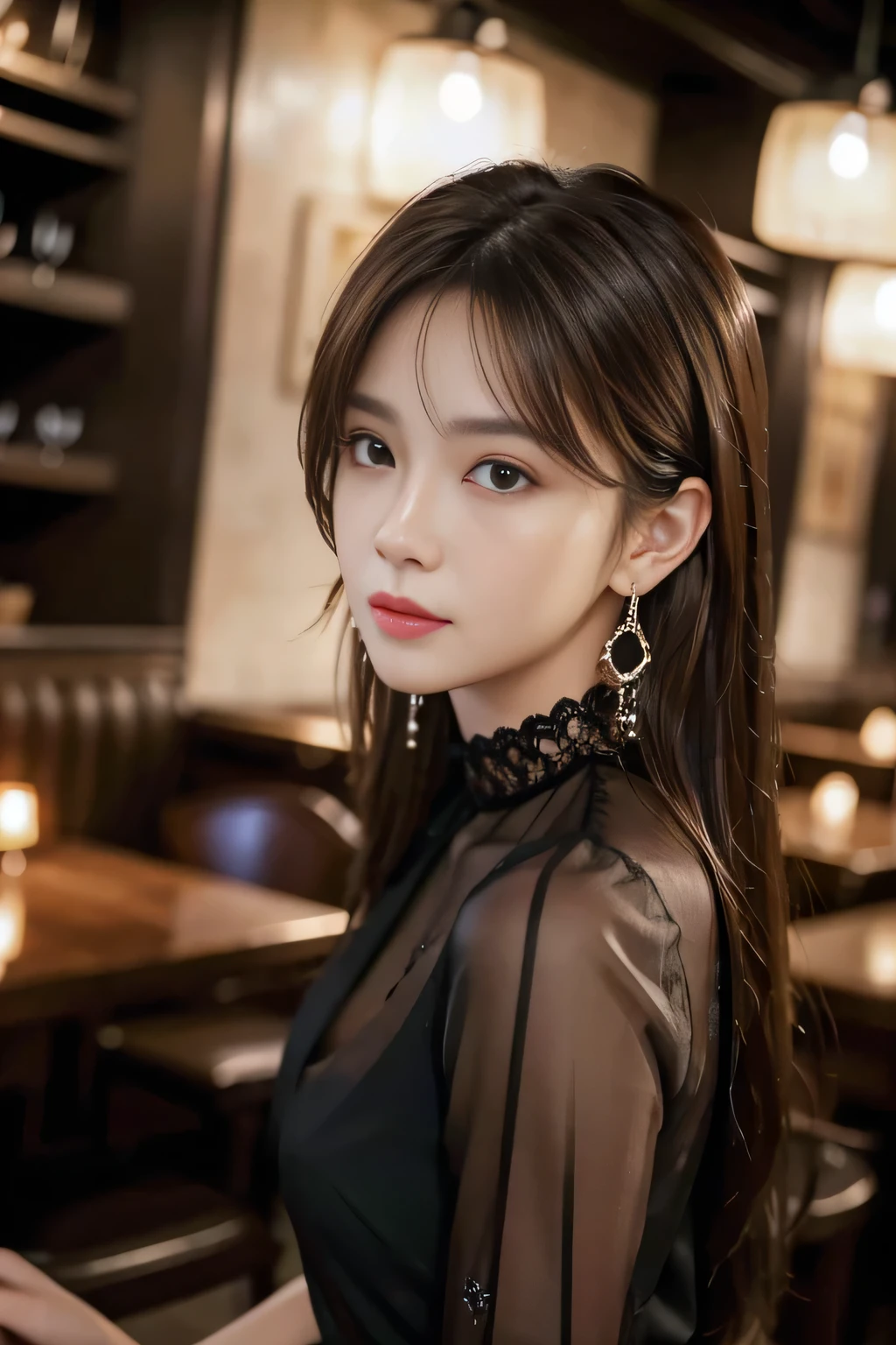 masterpiece, highest quality, Realistic, Very detailed, Finer details, High resolution, 8k wallpaper, One beautiful woman, Wear a black see-through shirt, In a great restaurant, At night, Light brown messy hair, Perfect dynamic composition, Beautiful and beautiful eyes、Big earrings