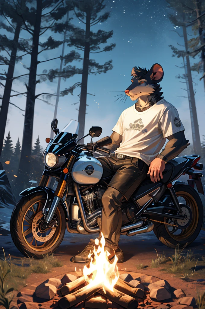 handsome male, rat, tall slinky semi muscular build, light silver long messy fringe, ((best quality)), ((masterpiece)), (detailed), perfect face, silver fur, gold eyes, detailed eyes , large baggy white t-shirt, mysterious, black shorts, black sports motorcycle, forest, campfire, sat leaning against motorcycle, lighting documents on fire