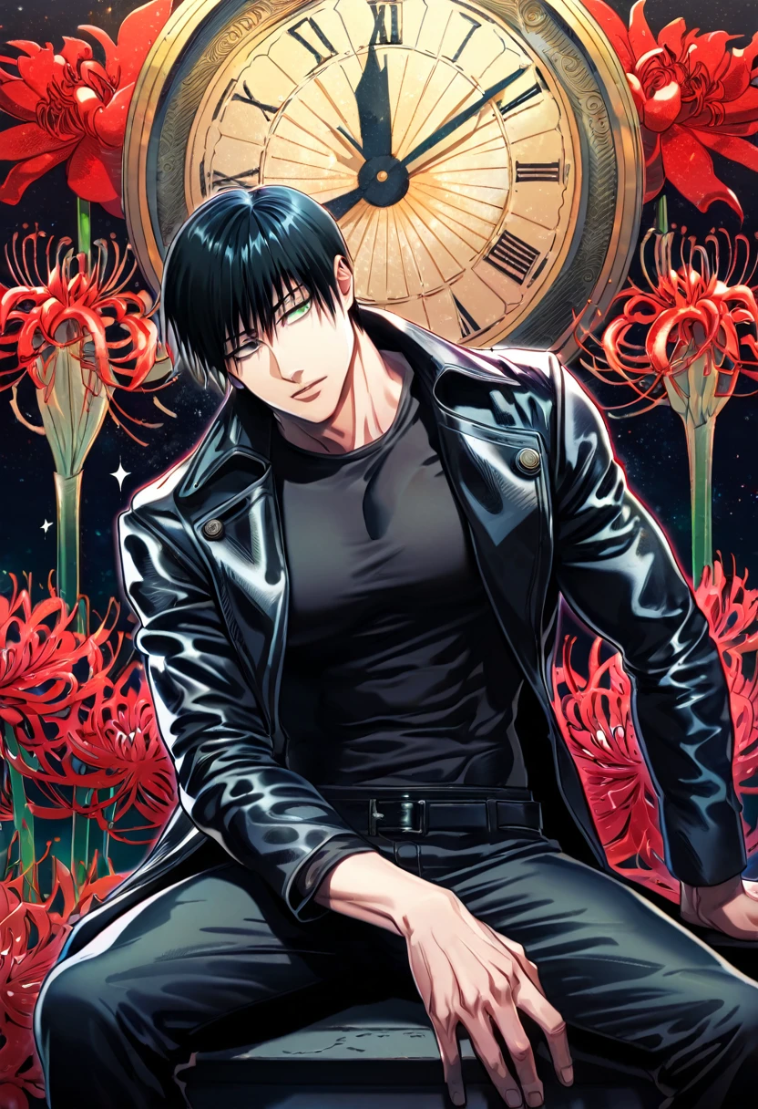 absurdres, highres, ultra detailed, HDR, master piece, best quality, Fushiguro Touji, black straight hair, expressive green eyes, Jujutsu Kaisen, solo, sexy man, sitting, handsome, toned chest, black leather coat, black tight shirt, magical, fantasy, clock background, red spider lilies, starry, powers