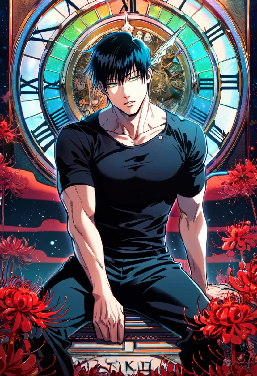absurdres, highres, ultra detailed, HDR, master piece, best quality, Fushiguro Touji, black straight hair, expressive green eyes, Jujutsu Kaisen, solo, sexy man, sitting, handsome, toned chest, black leather coat, black tight shirt, magical, fantasy, clock background, red spider lilies, starry, powers