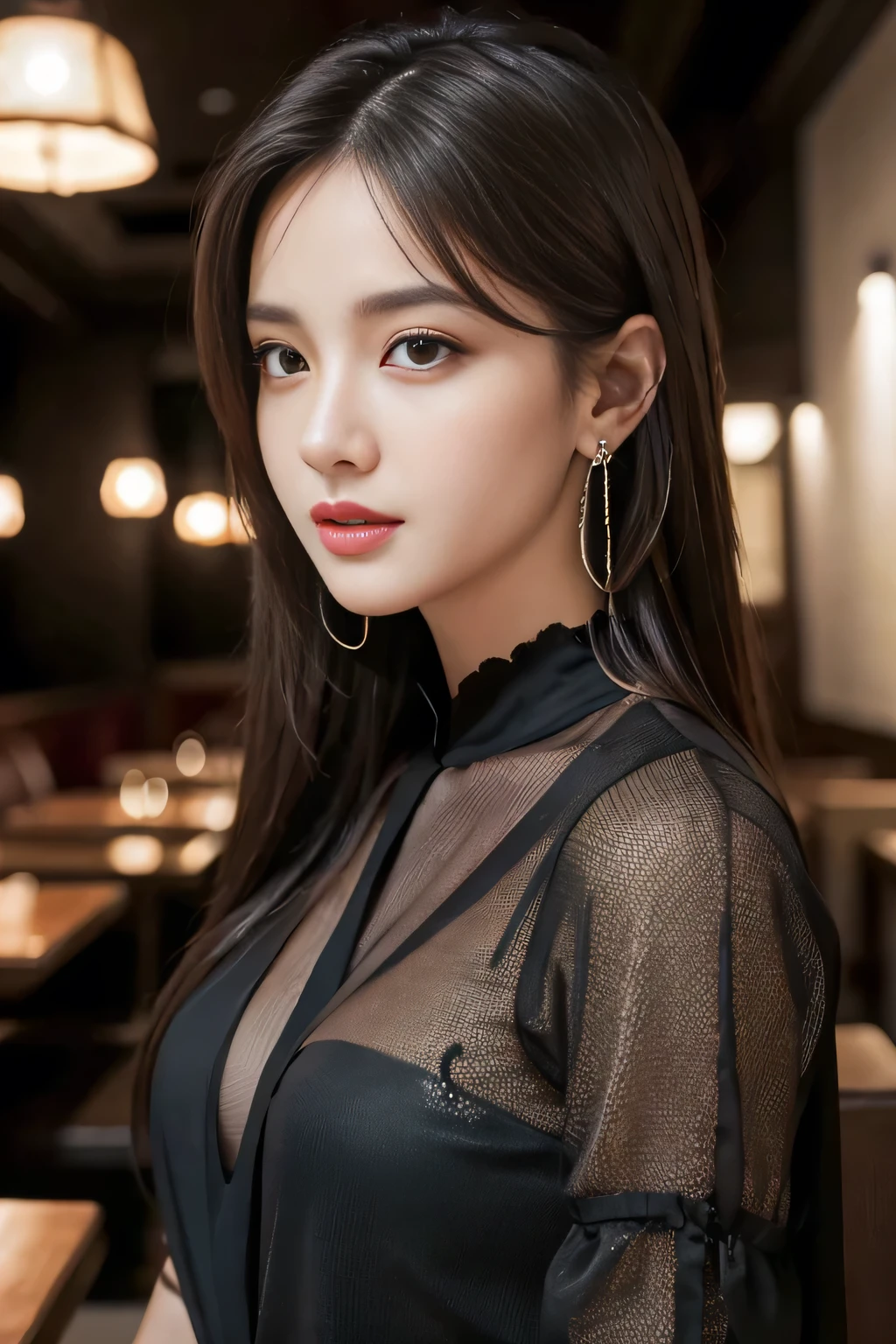 masterpiece, highest quality, Realistic, Very detailed, Finer details, High resolution, 8k wallpaper, One beautiful woman, Wear a black see-through shirt, In a great restaurant, At night, Light brown messy hair, Perfect dynamic composition, Beautiful and beautiful eyes、Big earrings