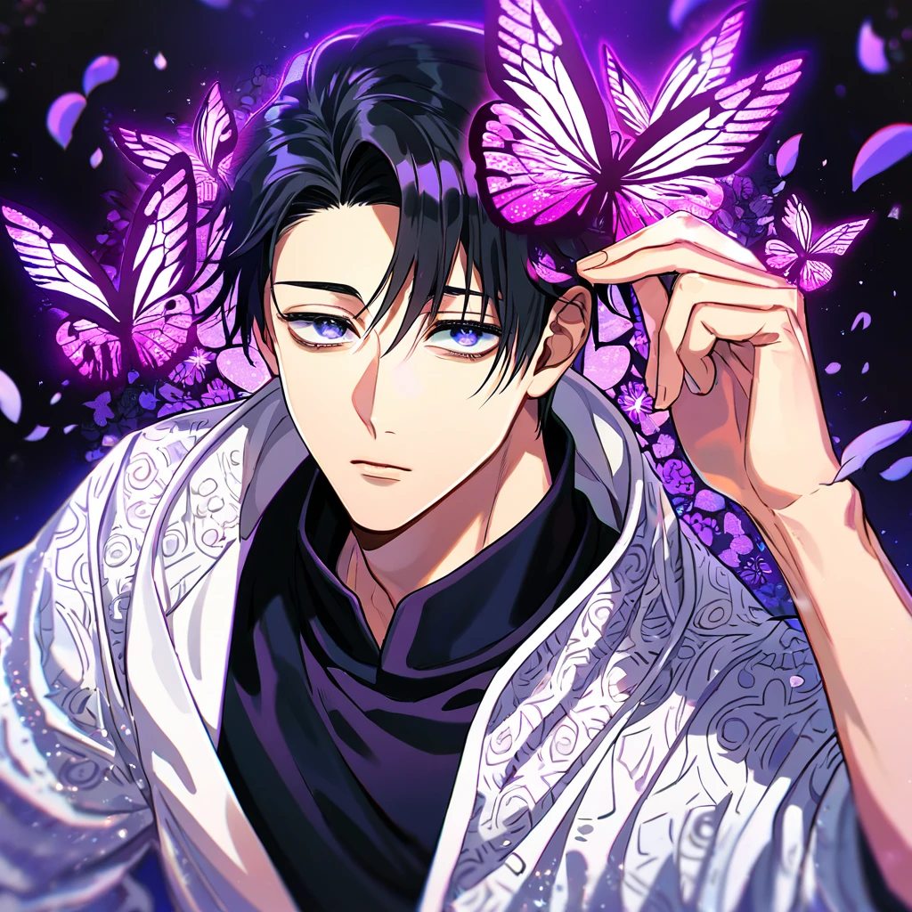 Ultra detailed, Highres, absurdres, HDR, Okkotsu Yuuta, black hair, expressive dark blue eyes, white coat with patterns, dark circles under his eyes, Jujutsu Kaisen, black shirt, fantasy, glittering purple butterflies, petals, handsome, sexy man, solo, very detailed eyes and face, master piece, glittering, purple flowers,