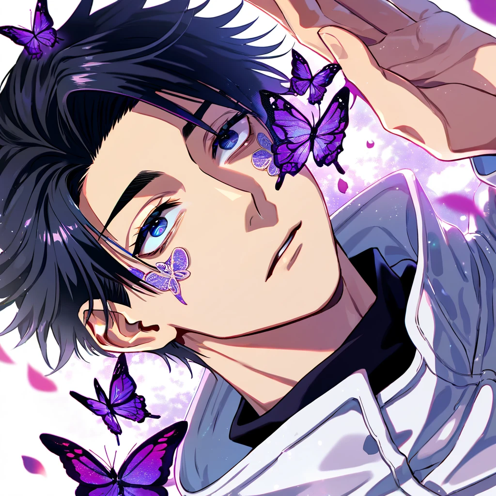 Ultra detailed, Highres, absurdres, HDR, Okkotsu Yuuta, black hair, expressive dark blue eyes, white coat with patterns, dark circles under his eyes, Jujutsu Kaisen, black shirt, fantasy, glittering purple butterflies, petals, handsome, sexy man, solo, very detailed eyes and face, master piece, glittering, purple flowers,