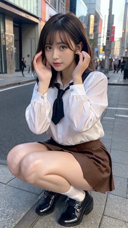 in 8K,top-quality,Real Image,intricate detailes,super A high resolution,Depth Field,masuter piece,natural soft light,profetional lighting,one girl in,cool beauty,an extremely beautiful 18-year-old girl,A detailed eye,((Brown-eyed)),(Black hair),(short-haired),(bangss),flawless skin,shinny skin,fair white skin,Fine skin,large full breasts,((perfect anatomia,nice hand,perfect hand,Five fingers connected to the palm of the hand,accurate hands without incongruity)),Perfect raw legs,delicate legs,perfectly proportions,A sexy,Chest visible,((Japan  uniform)),((School Uniforms mini Skirt)),(neck tie),Black socks,Chano Leather Shoes,Squatting deep in the city,The crotch is visible,Show me your panties around town,,The legs are spread in an M shape,,I can see panties,Delicate thighs visible from the front