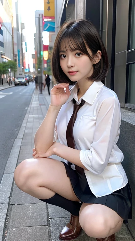 in 8K,top-quality,Real Image,intricate detailes,super A high resolution,Depth Field,masuter piece,natural soft light,profetional lighting,one girl in,cool beauty,an extremely beautiful 18-year-old girl,A detailed eye,((Brown-eyed)),(Black hair),(short-haired),(bangss),flawless skin,shinny skin,fair white skin,Fine skin,large full breasts,((perfect anatomia,nice hand,perfect hand,Five fingers connected to the palm of the hand,accurate hands without incongruity)),Perfect raw legs,delicate legs,perfectly proportions,A sexy,Chest visible,((Japan  uniform)),((School Uniforms mini Skirt)),(neck tie),Black socks,Chano Leather Shoes,Squatting deep in the city,The crotch is visible,Show me your panties around town,,The legs are spread in an M shape,,I can see panties,Delicate thighs visible from the front