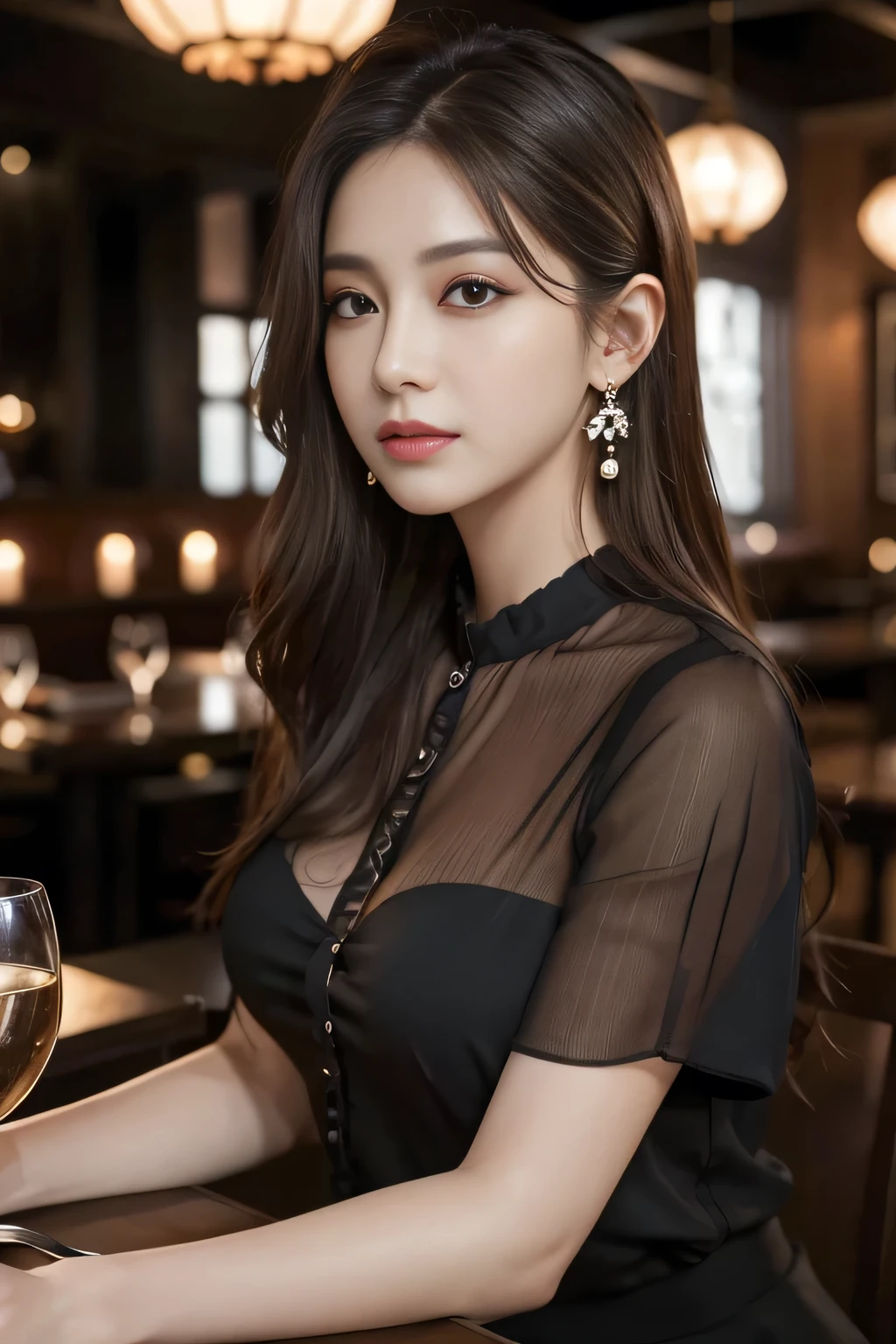 masterpiece, highest quality, Realistic, Very detailed, Finer details, High resolution, 8k wallpaper, One beautiful woman, Wear a black see-through shirt, In a great restaurant, At night, Light brown messy hair, Perfect dynamic composition, Beautiful and beautiful eyes、Big earrings