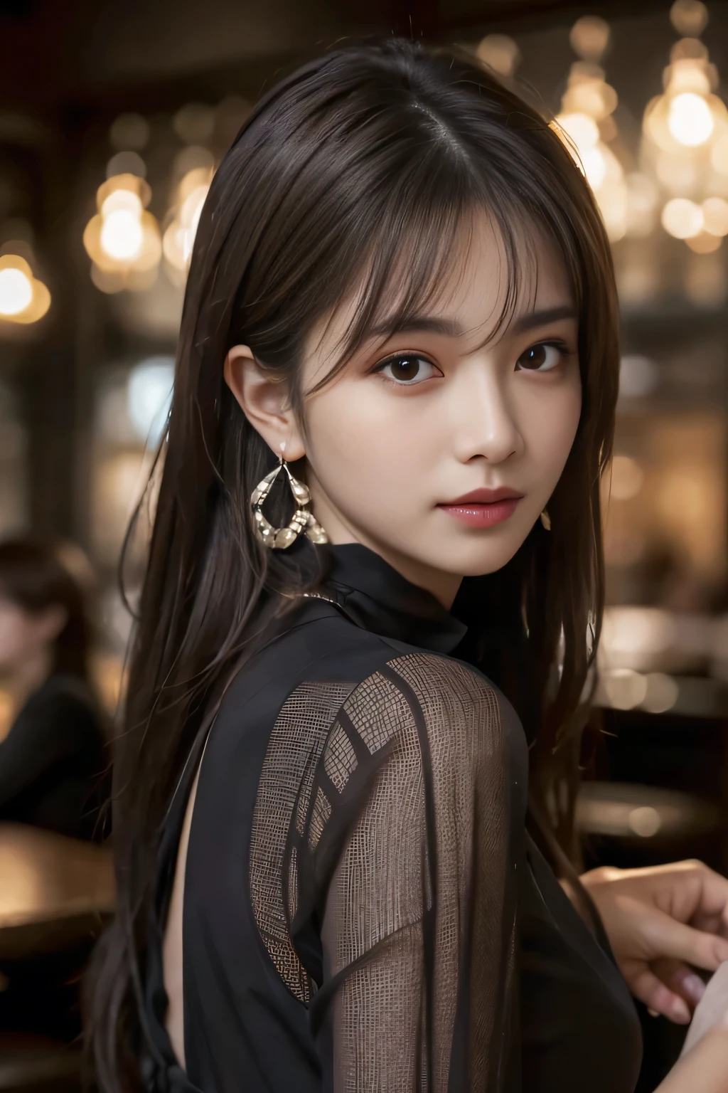 masterpiece, highest quality, Realistic, Very detailed, Finer details, High resolution, 8k wallpaper, One beautiful woman, Wear a black see-through shirt, In a great restaurant, At night, Light brown messy hair, Perfect dynamic composition, Beautiful and beautiful eyes、Big earrings