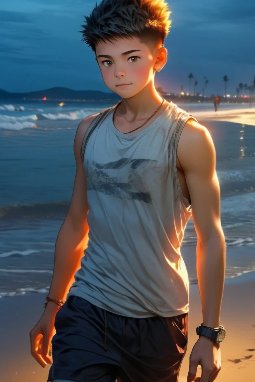 beach, Before dawn, boy , walking, 20 years old, Wearing a T-shirt, sleeveless, Short spiked hair, crew cut hair, Cute, Young, Asian,