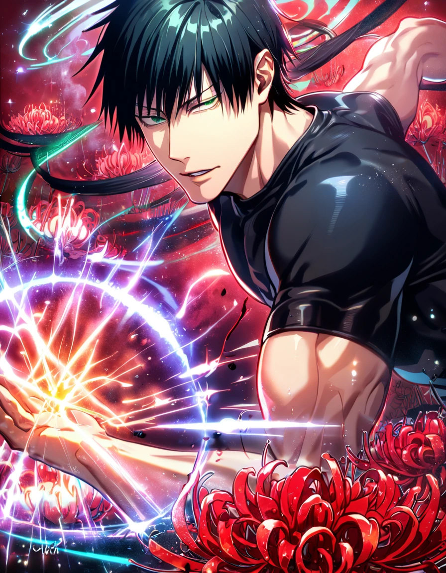absurdres, highres, ultra detailed, HDR, master piece, best quality, Fushiguro Touji, black straight hair, expressive green eyes, Jujutsu Kaisen, solo, sexy man, handsome, toned chest, black leather coat, black tight shirt, magical, fantasy, red background, red spider lilies, starry, powers, sparkling, shining