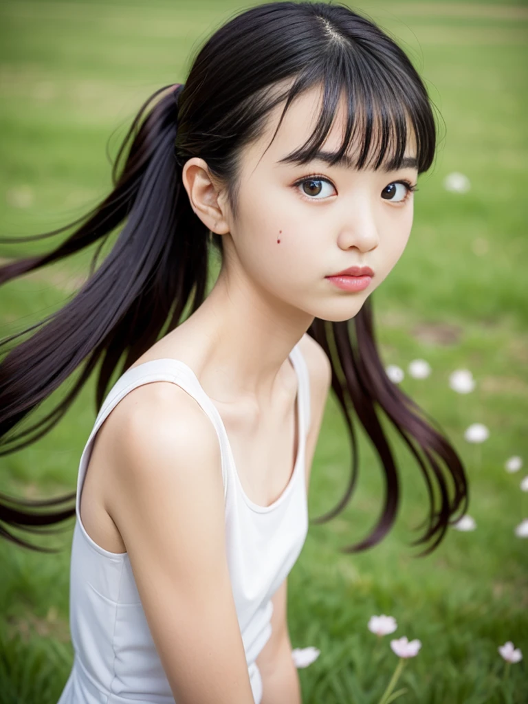 (masterpiece, highest quality:1.4), Award-winning portraits, 8k, 85mm, alone, Beautiful Face, Delicate girl,  (On the grass), Sophisticated, cute, 15 years old, RAW Photos, Confused, High resolution, Sharp focus, Background blur、(((Flat  、thin and delicate body、Childish atmosphere)))、shiny semi-long hair、ponytail、Mole on the left cheek、 Dark brown eyes、Hair swaying in the wind、sexy、Flexible legs、naked