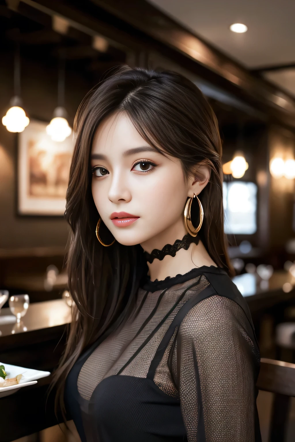 masterpiece, highest quality, Realistic, Very detailed, Finer details, High resolution, 8k wallpaper, One beautiful woman, Wear a black see-through shirt, In a great restaurant, At night, Light brown messy hair, Perfect dynamic composition, Beautiful and beautiful eyes、Big earrings