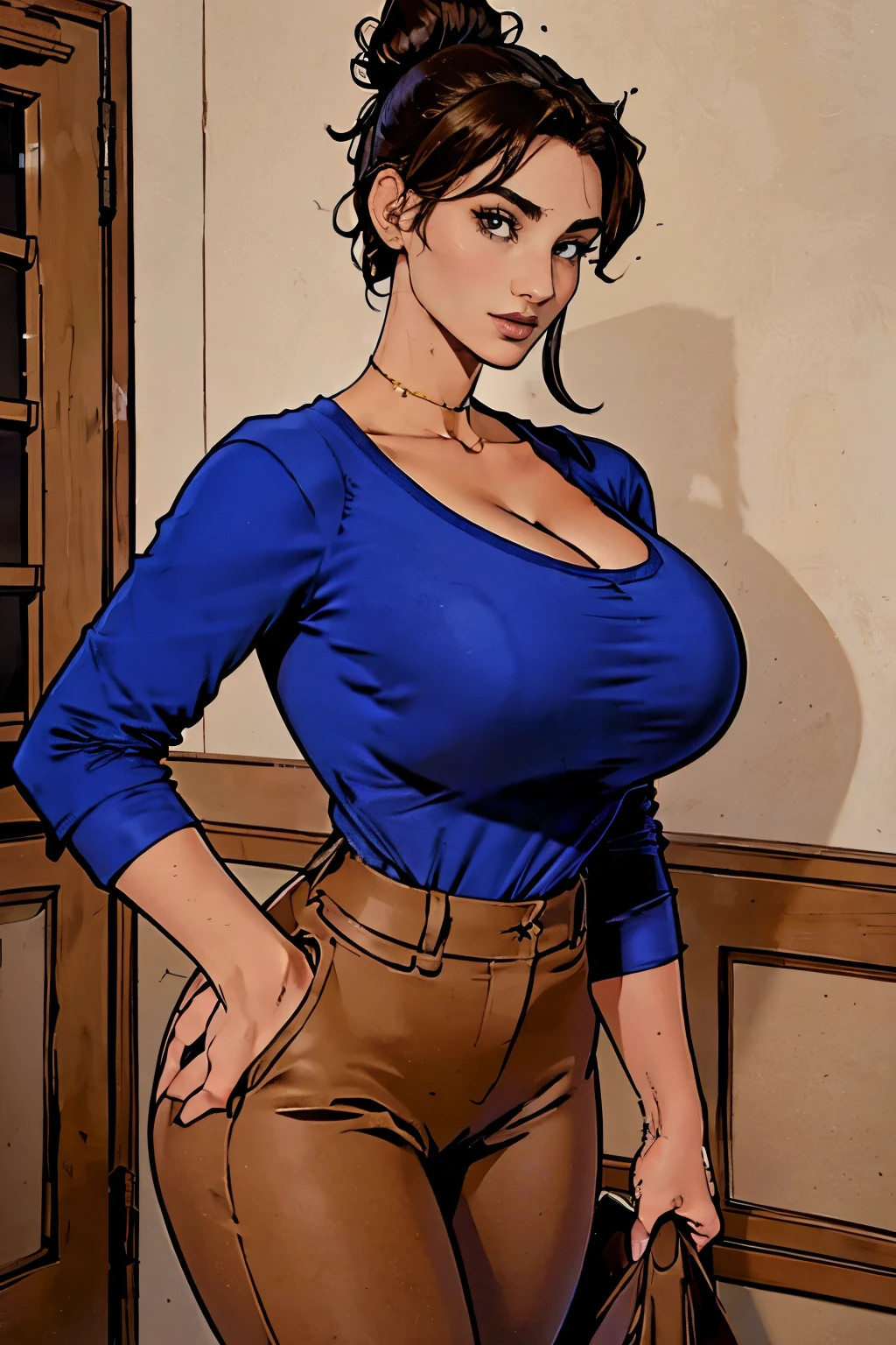 Gorgeous and sultry busty athletic (happy) brunette with sharp facial features, athletic bun, large breasts and a (large nose) wearing a dark blue shirt, beige pants.