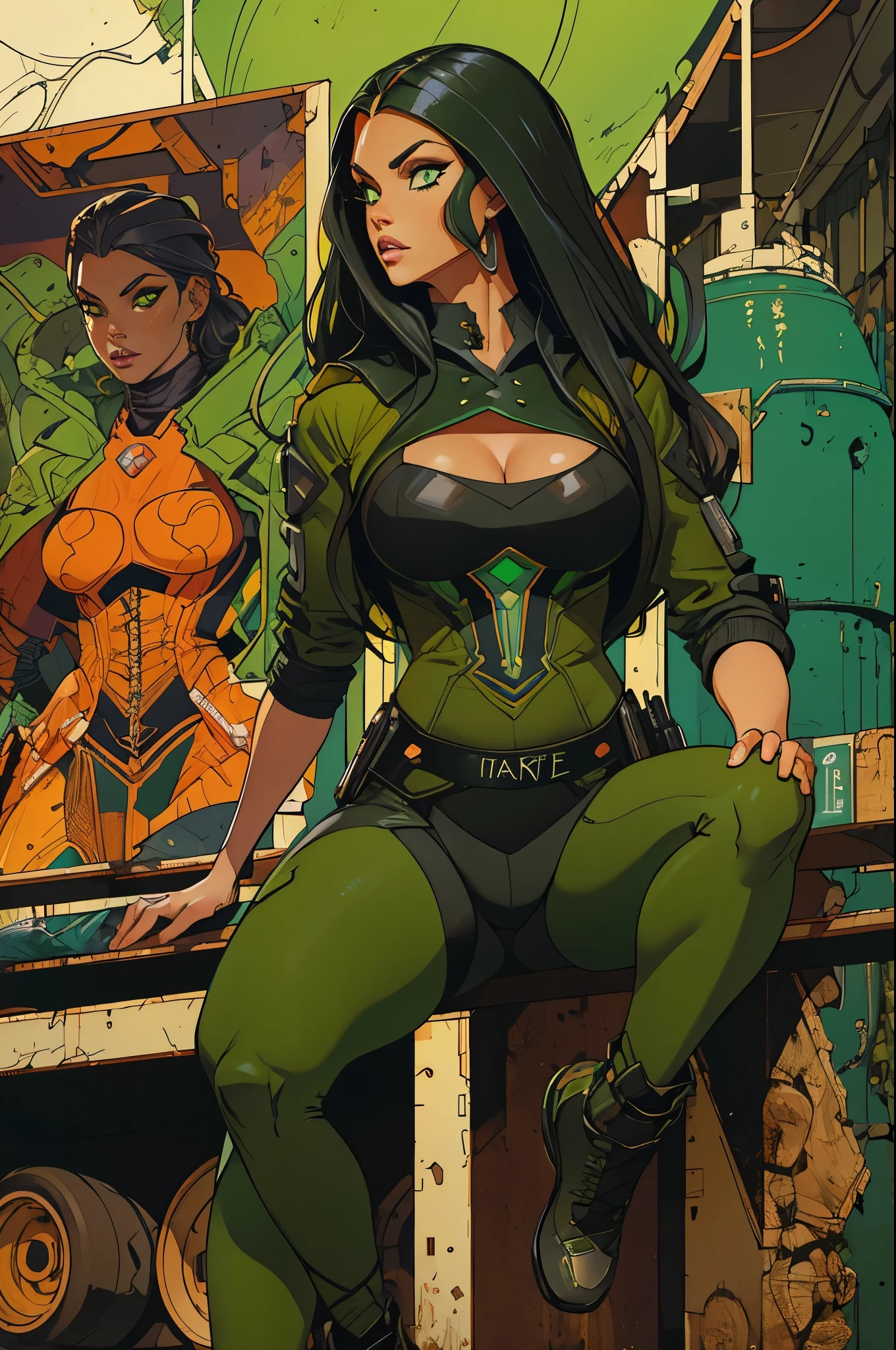 Alison Tyler como uma garota guerreira monge, parted lips, olhos verdes, cabelos longos preto, shoelaces, roupas brancas e laranja cyberpunk de techwear, vintage science fiction abstract background, arte de Moebius, arte de Ashley Wood