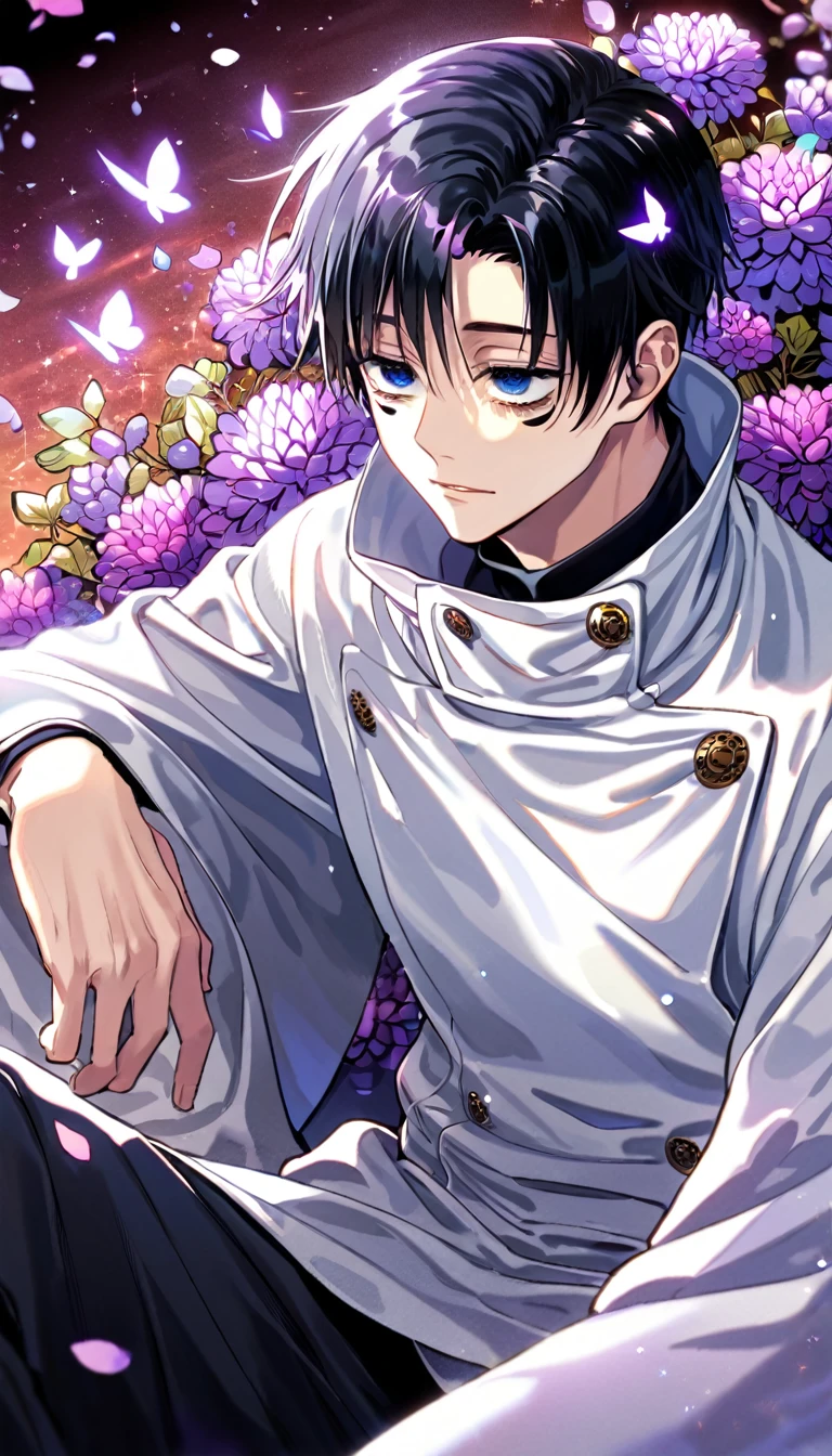 Ultra detailed, Highres, absurdres, HDR, Okkotsu Yuuta, black hair, expressive dark blue eyes, white coat with patterns, dark circles under his eyes, Jujutsu Kaisen, black shirt, fantasy, glittering purple butterflies, petals, handsome, sexy man, solo, very detailed eyes and face, master piece, glittering, purple flowers, sitting, black pants