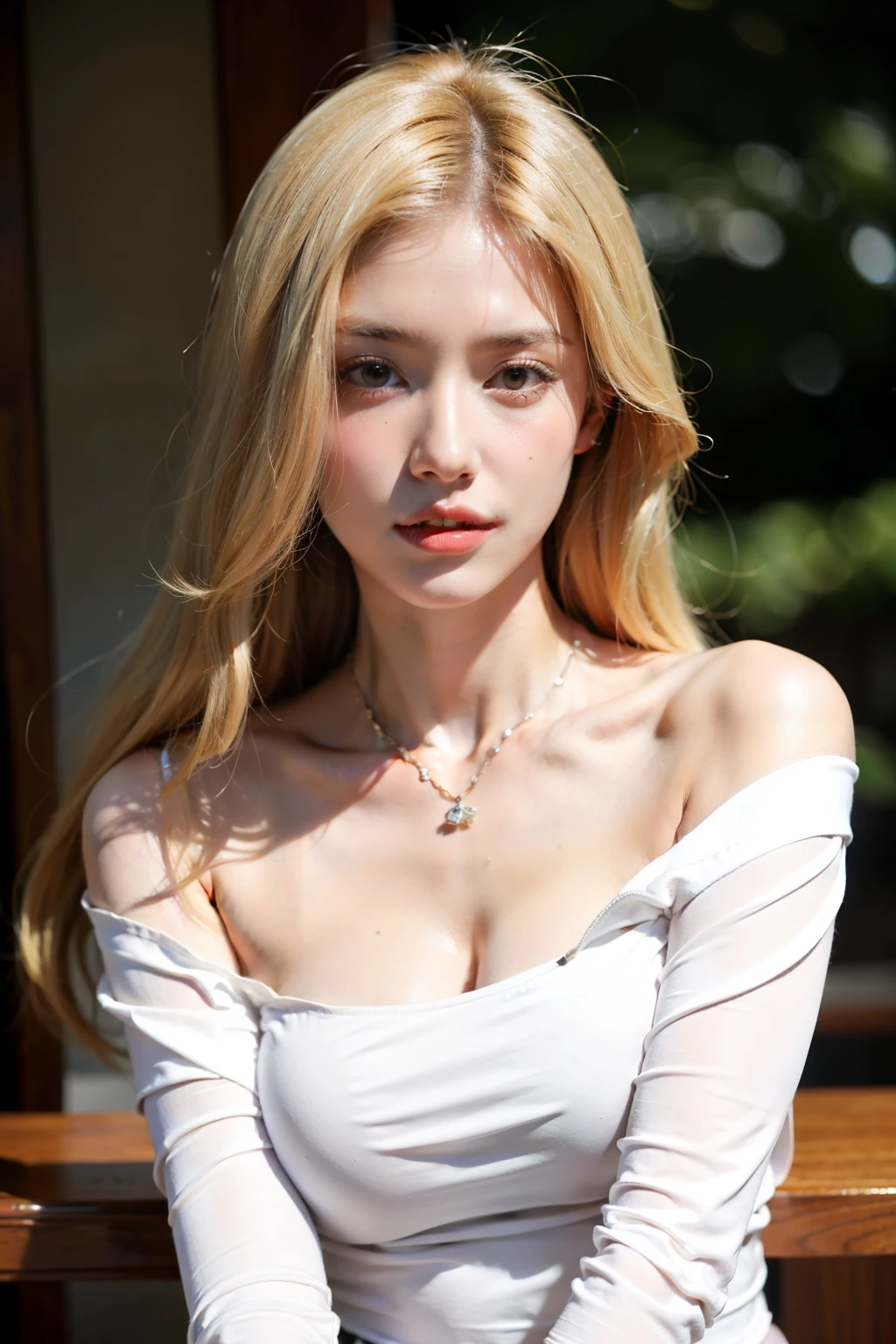 1 girl, 24 years old, Solitary, long hair, Large Breasts, looking at the audience, Blonde Hair, Bare shoulders, Brown eyes, Jewelry, whole body, necklace, Off-shoulder, Short white shirt, Lips, Practical, nose, Flirting with the camera